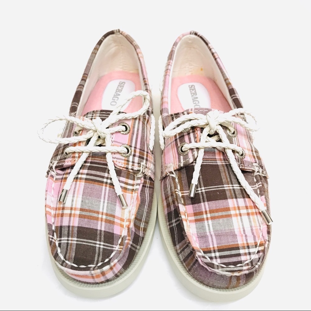 NEW Sebago Seashore Two-Eye Boat Shoe, Pink Plaid